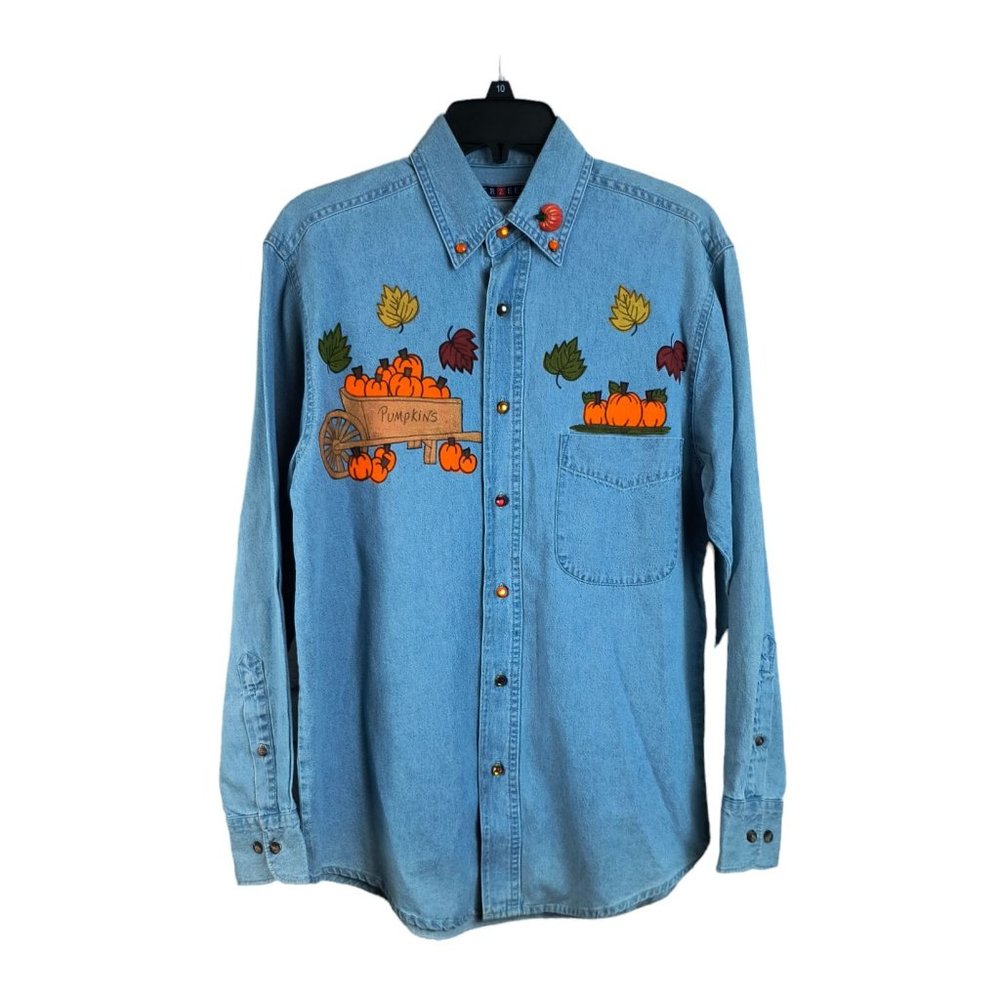 VTG Jerzees Button Up Pumpkin HALLOWEEN Patch Embroidered Denim Shirt S - Picture 1 of 10